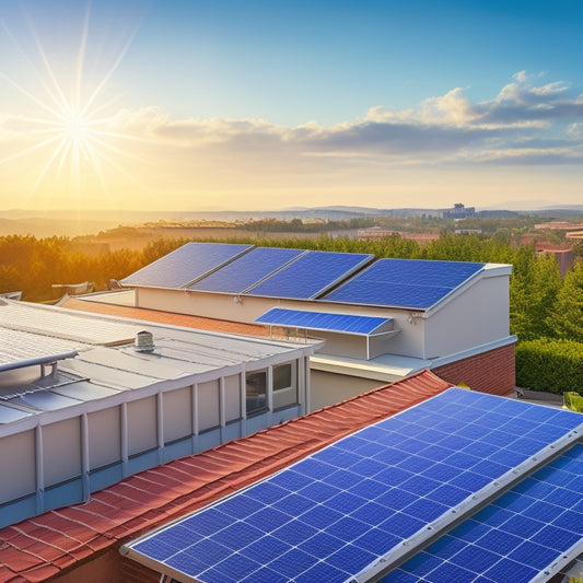 An illustration of various solar panel sizes (10W, 100W, 300W, 500W) arranged in a residential rooftop setting, with a subtle gradient background representing a sunny day.