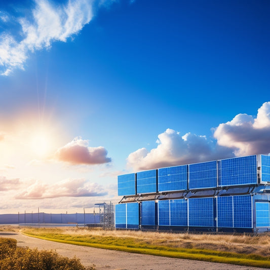 A futuristic industrial landscape with sleek, silver solar panels and rows of blue-lit battery banks, surrounded by wires and circuitry, set against a bright blue sky with fluffy white clouds.