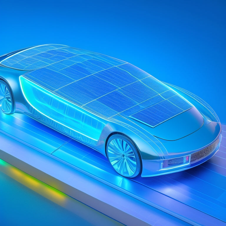 An illustration of a sleek, silver solar car with a translucent hood, revealing a network of glowing blue circuits and wires connected to a compact, high-tech battery, surrounded by miniature solar panels.