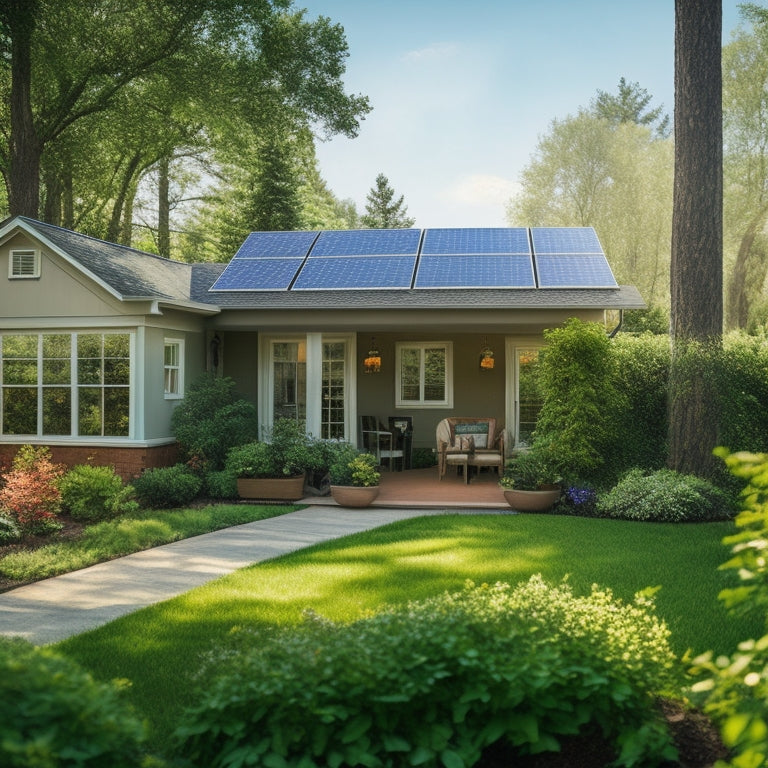 A sunny backyard with a residential solar panel installation, highlighted with a subtle green glow, surrounded by lush greenery and a few subtle money signs ($) scattered around the panels.