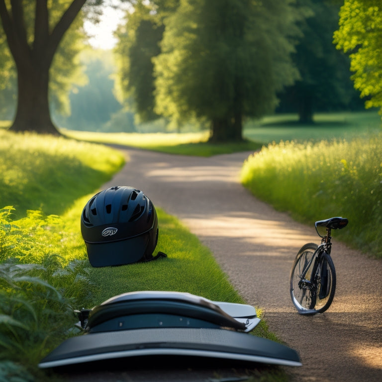 A serene landscape with a winding greenway cycling path surrounded by lush greenery, with a laptop and cycling helmet in the foreground, and a faint map outline in the background.