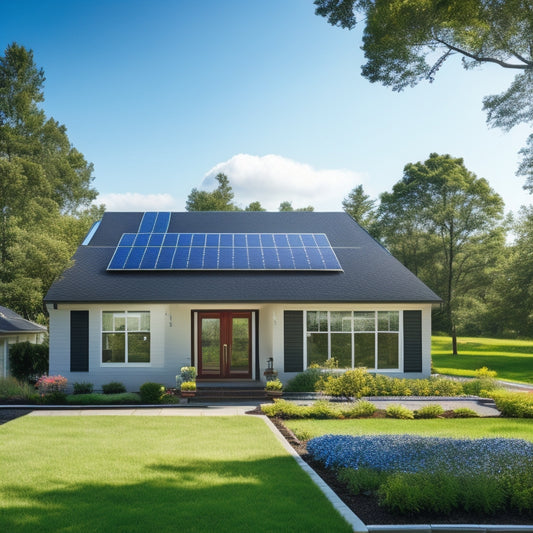 A serene suburban home with a sleek, black solar panel system installed on its roof, surrounded by lush green trees and a bright blue sky with a few puffy white clouds.