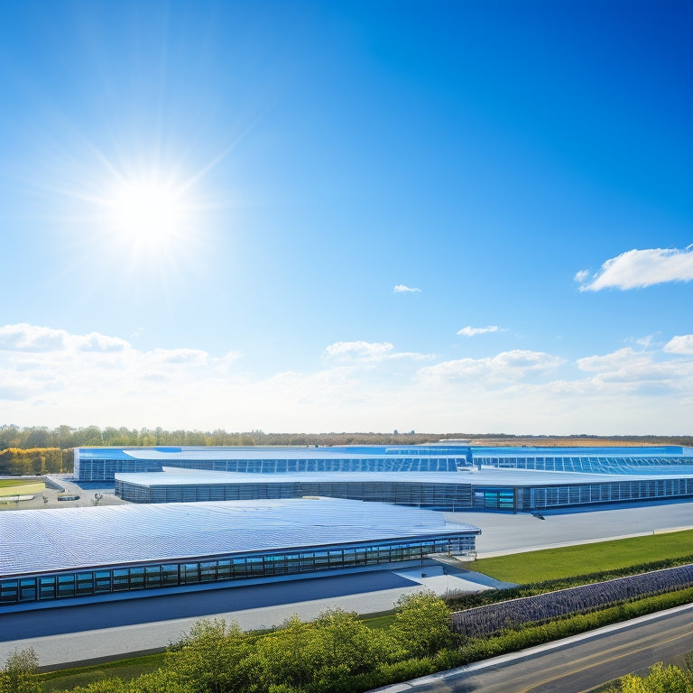 A photorealistic image of a large, modern commercial building with a sleek, silver roof covered in rows of high-efficiency solar panels, set against a bright blue sky with a few wispy clouds.