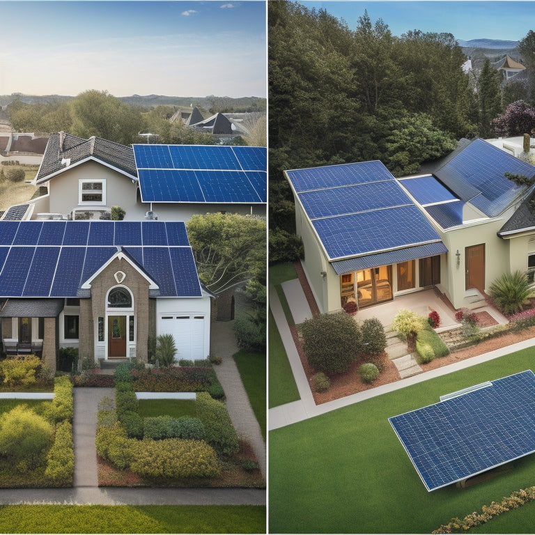 A split-screen image featuring a small to large scale of houses (bungalow, two-story, mansion) with corresponding solar panel arrays on their rooftops, increasing in size and panel count.