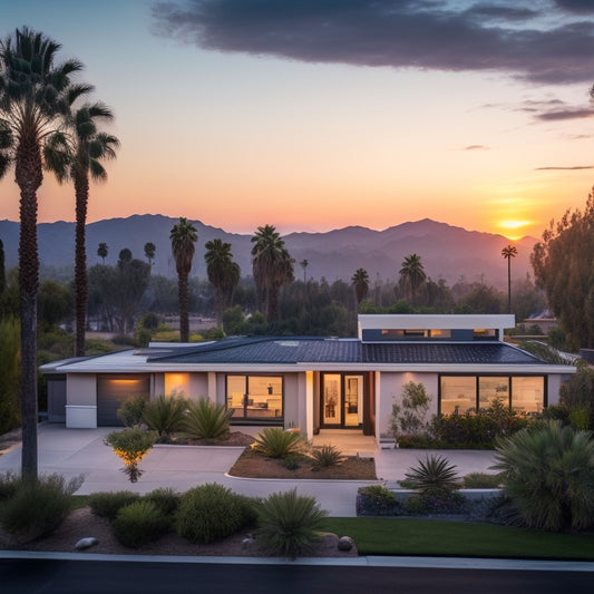 A tranquil California landscape at sunset with a modern suburban home in the forefront, adorned with a sleek solar panel array on its rooftop, surrounded by palm trees and a subtle hint of the San Gabriel Mountains in the distance.