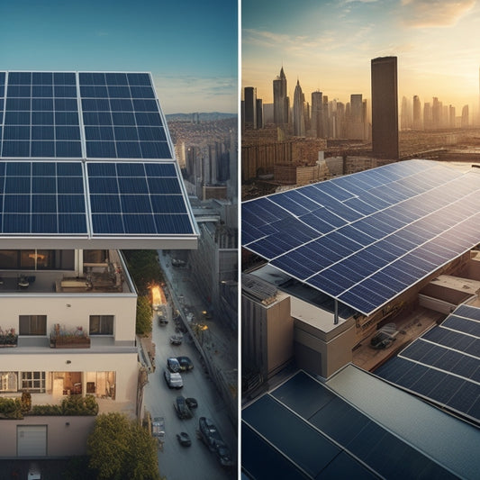 A split-screen image featuring a rooftop with solar panels on one side and a cityscape with varying building sizes and angles on the other, surrounded by subtle gridlines and measurement symbols.