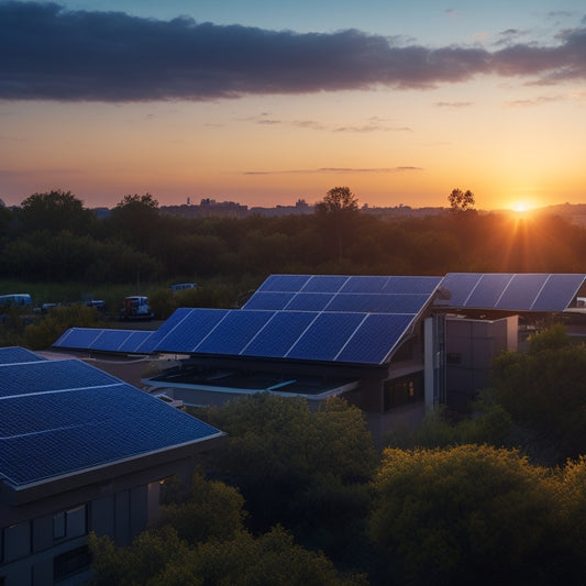 A serene cityscape at dusk, with rows of sleek, black solar panels installed on rooftops, surrounded by lush greenery, amidst a subtle, gradient blue sky with a few wispy clouds.