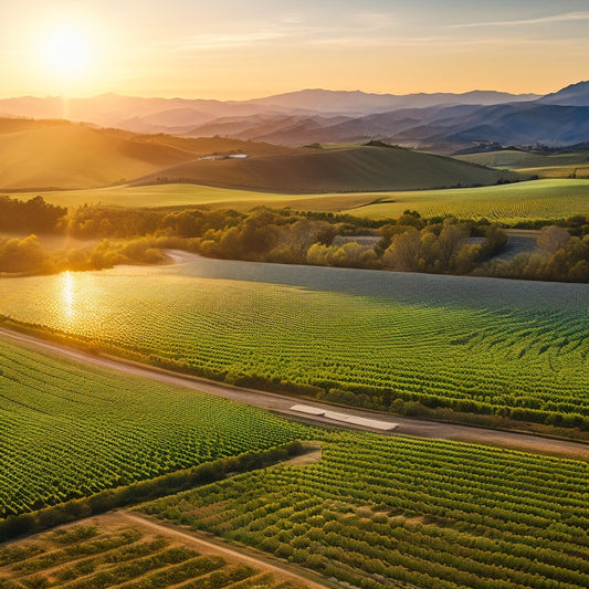 A serene California landscape with rolling hills, verdant vineyards, and a sprawling solar farm in the distance, its thousands of panels glinting like a sea of diamonds in the golden sunlight.