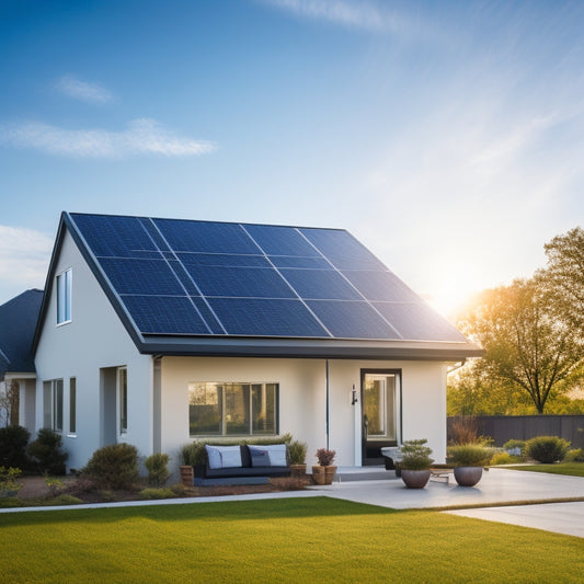 A serene suburban home with a sleek, black solar panel array on its rooftop, paired with a compact, modern battery storage unit in the foreground, set against a bright blue sky with few white clouds.