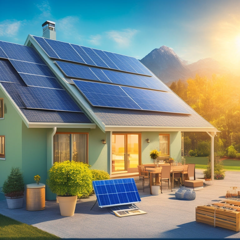 An illustration of a solar panel array on a rooftop, with a partial view of a house, surrounded by icons of coins, batteries, and a grid, conveying the concept of energy storage and cost.