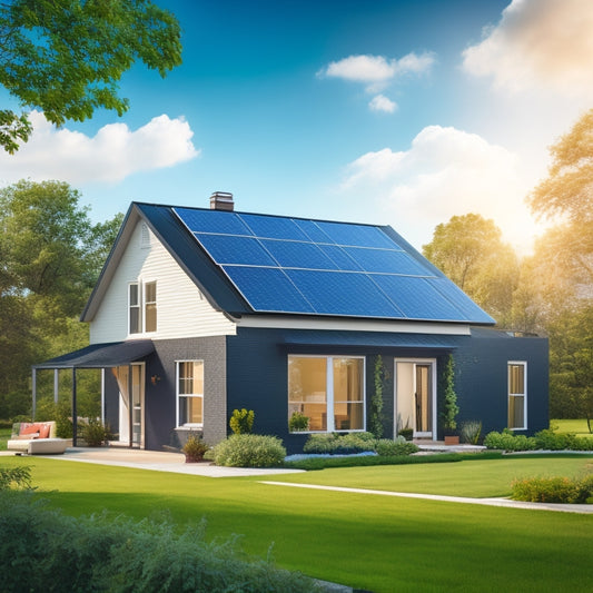 A serene suburban home with a sleek, black solar panel array on the roof, surrounded by lush greenery, with a bright blue sky and fluffy white clouds in the background.