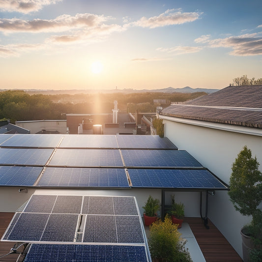 A serene residential rooftop with a partially installed solar panel array, tools and equipment scattered around, and a subtle hint of a sunny sky in the background.