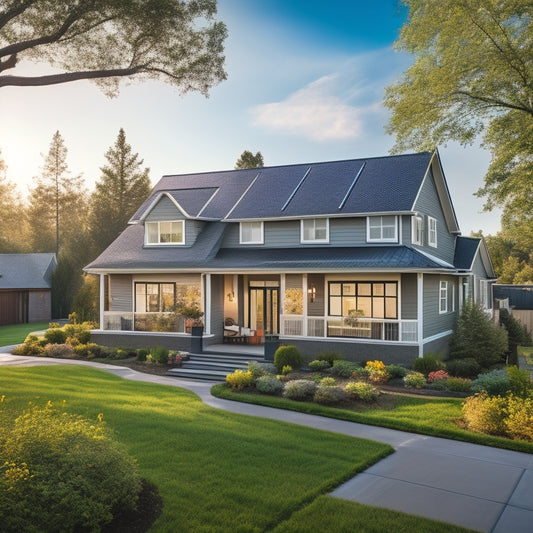 A serene suburban neighborhood with a mix of modern and traditional homes, featuring a prominent house with sleek, black solar panels seamlessly integrated into its pitched roof, surrounded by lush greenery.