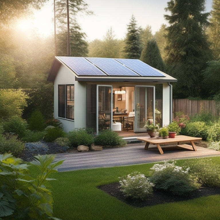 A serene backyard with a small, modern house, solar panels installed on the roof, and a DIY monitoring kit on a wooden table, surrounded by tools and wires, amidst lush greenery.