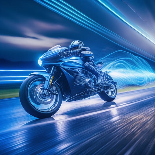 A dynamic illustration of a motorcycle in motion, with glowing blue lines tracing the flow of kinetic energy, and swirling white wisps depicting regenerated power, set against a dark, misty highway background.