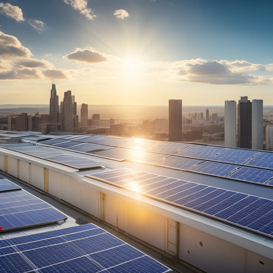 A futuristic rooftop with sleek, high-efficiency solar panels in varying sizes and angles, amidst a cityscape with a bright blue sky and fluffy white clouds, surrounded by subtle circuit board patterns.