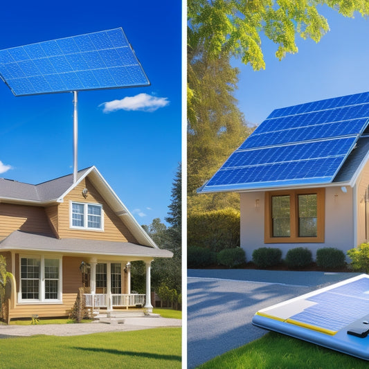 A split-screen image: on the left, a sunny suburban home with solar panels on the roof, surrounded by trees and a bright blue sky; on the right, a calculator and a clipboard with a blueprint of a house, surrounded by scattered papers and pens.