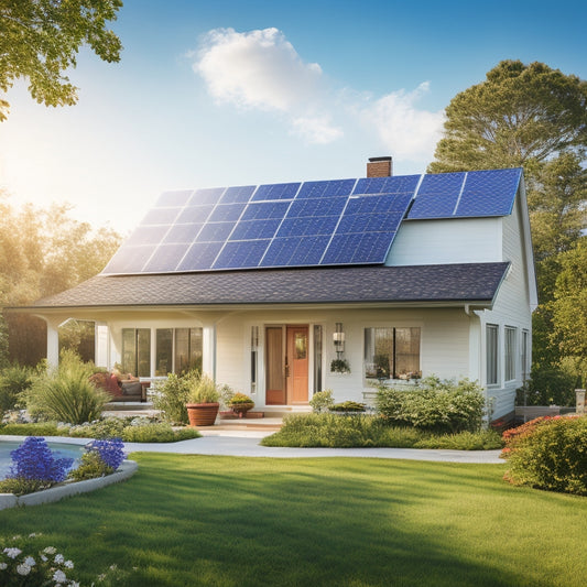 A serene suburban home with solar panels installed on its roof, surrounded by lush greenery and a bright blue sky with fluffy white clouds, conveying a sense of eco-friendliness and savings.