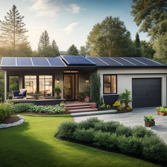 A serene suburban backyard with a modern single-story house, solar panels installed on the roof, and a sleek inverter box mounted on the side wall, surrounded by lush greenery and a few potted plants.