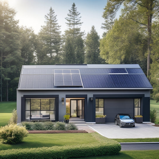 A serene suburban home with a sleek, black solar panel array on the roof, accompanied by a compact, modern battery storage unit on the side of the house, surrounded by lush greenery.