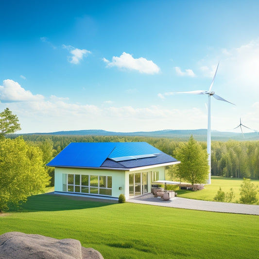 A serene landscape with a modern green home, solar panels on the roof, a small wind turbine in the distance, and a few trees with leaves in shades of green, against a bright blue sky with a few white, puffy clouds.