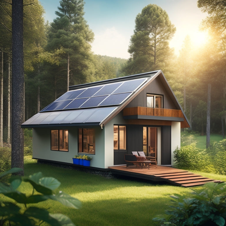 A photorealistic illustration of a modern off-grid cabin surrounded by lush greenery, with a sleek solar panel array on the roof, a battery bank inside, and a monitoring system on the wall.