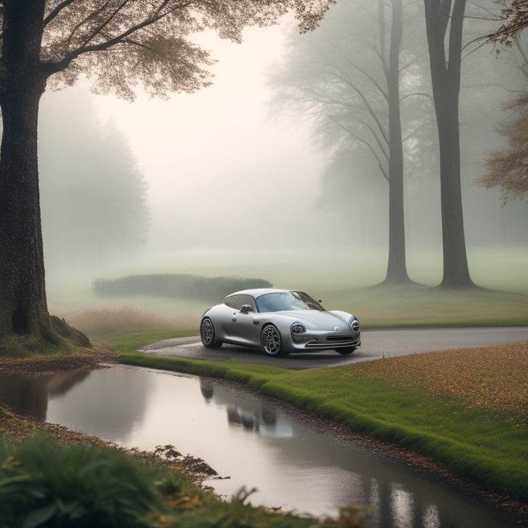 A serene, misty landscape with a sleek, silver, eco-friendly car parked in the foreground, surrounded by lush greenery, with a few fallen leaves and a subtle, winding road in the background.