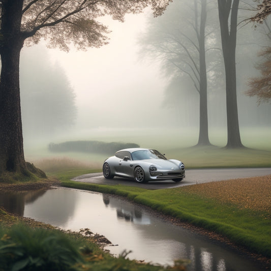 A serene, misty landscape with a sleek, silver, eco-friendly car parked in the foreground, surrounded by lush greenery, with a few fallen leaves and a subtle, winding road in the background.