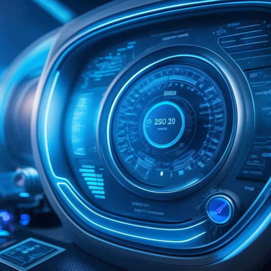 A futuristic, high-tech dashboard with glowing blue lines and circuits, featuring a large, circular energy meter at the center, surrounded by smaller, interconnected gauges and screens.