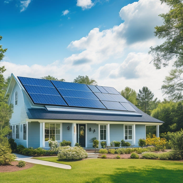 A serene suburban home with a mix of blue and gray solar panels installed on the roof, amidst a backdrop of fluffy white clouds and a bright blue sky, surrounded by lush green trees.