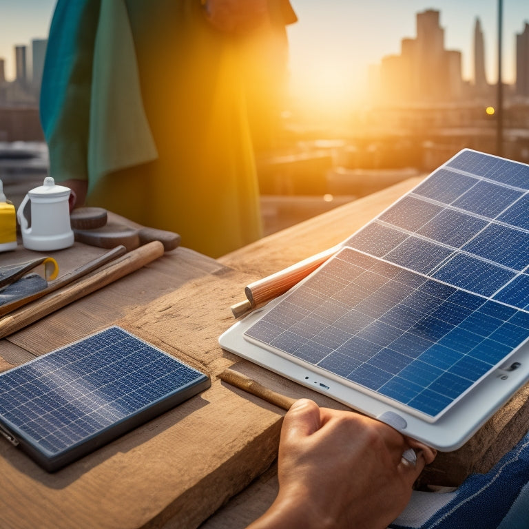 A close-up of a person's hands holding a tablet with a blueprint of a solar panel array, surrounded by scattered tools and a small trash can with a few discarded broken panels, with a subtle cityscape background.