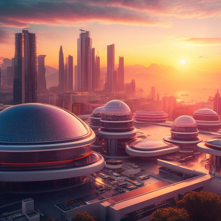 A futuristic cityscape at sunset with sleek, silver rooftops adorned with varying solar panels, each with distinct designs and angles, amidst a backdrop of vibrant orange and pink hues.