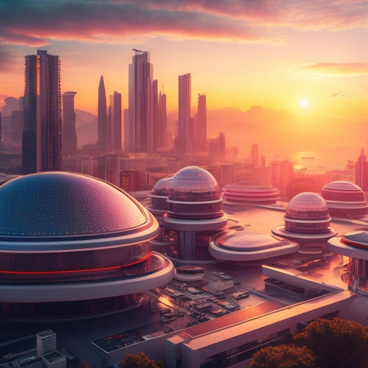 A futuristic cityscape at sunset with sleek, silver rooftops adorned with varying solar panels, each with distinct designs and angles, amidst a backdrop of vibrant orange and pink hues.