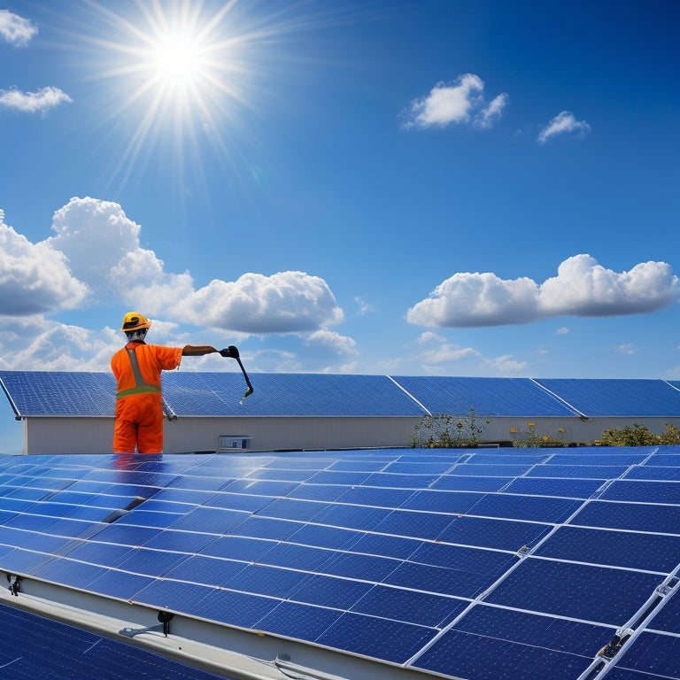 A bright blue sky with a few white, puffy clouds, and a rooftop with a row of sleek, black solar panels, with a gardener in the distance, gently cleaning the panels with a soft-bristled brush.