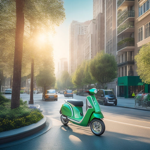 Illustrate a vibrant, sunny cityscape with sleek, eco-friendly scooters zooming past greenery-filled streets, pedestrians, and modern architecture, conveying a sense of freshness and sustainability.