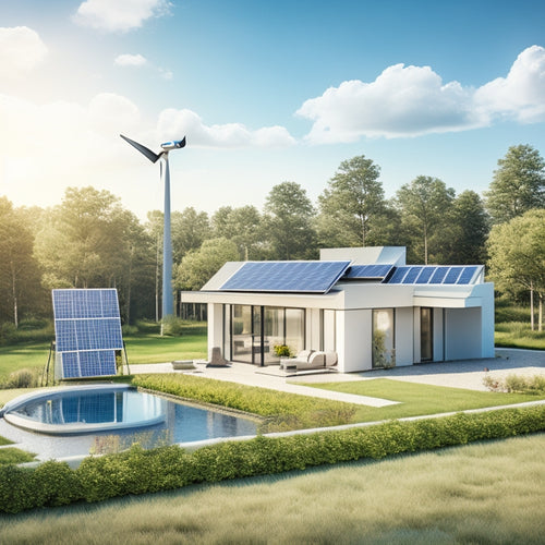 A serene and modern home surrounded by lush greenery, with solar panels on the roof and a wind turbine in the backyard, set against a bright blue sky with a few white, puffy clouds.