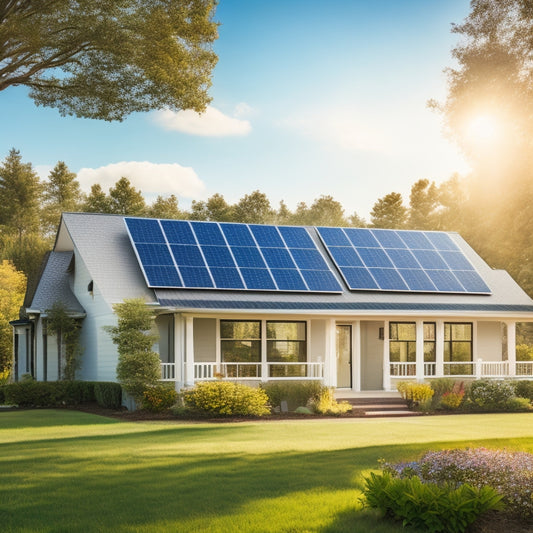 A serene suburban home with a sleek, modern solar panel array on the roof, surrounded by lush greenery and a bright blue sky with a few wispy clouds.