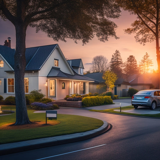 A serene suburban street at dusk, with a few trees and a mix of modern and traditional houses, featuring a sleek, silver electric vehicle parked in a driveway, plugged into a compact, wall-mounted charging point.