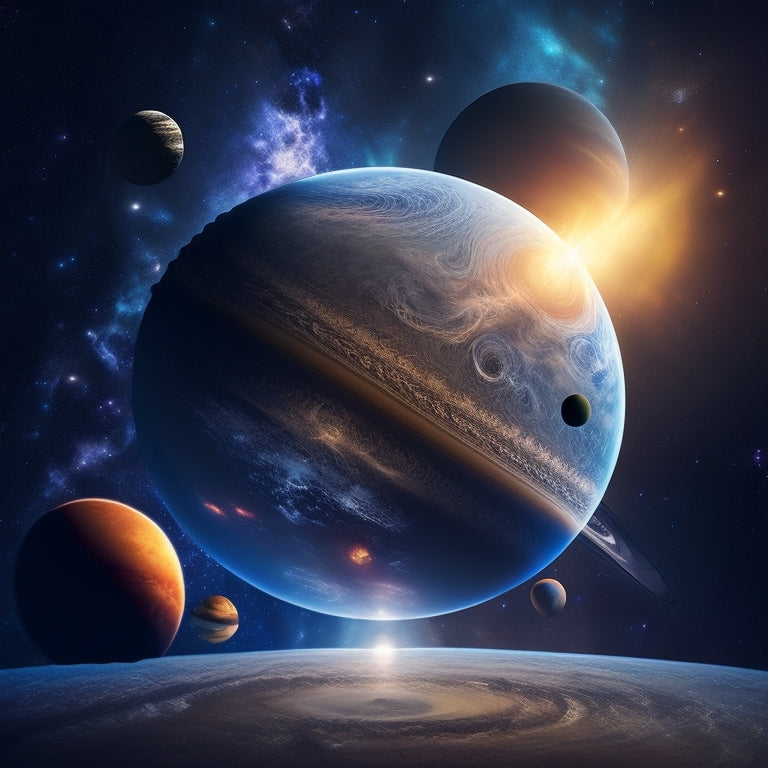 A stunning, vibrant illustration of the Solar System, with planets and their relative sizes, set against a deep blue-black space background, with subtle nebulae and starlight accents.