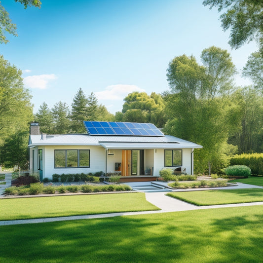 A serene suburban home with a sleek, modern roof, adorned with a mix of small, rectangular solar panels in varying sizes, amidst a backdrop of clear blue sky and lush green trees.