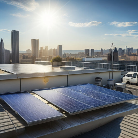 A sunny rooftop with a partially installed solar panel array, surrounded by scattered tools and a few loose panels, with a subtle hint of a cityscape in the background.