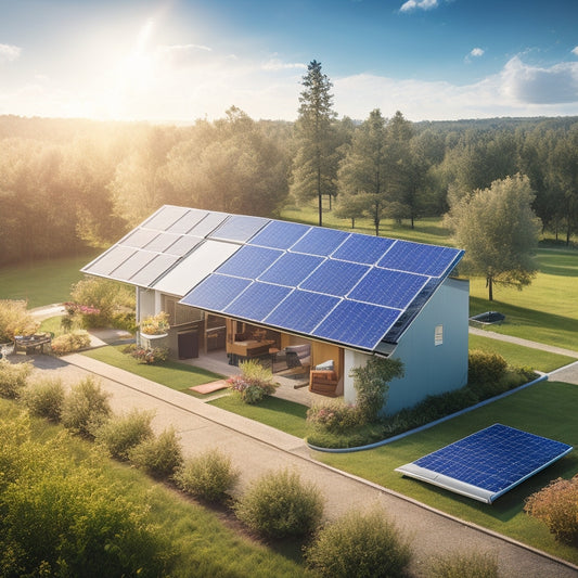 A serene rural homescape with a modern solar panel array installed on the rooftop, connected to a sleek battery bank and inverter in the yard, surrounded by lush greenery and a clear blue sky.