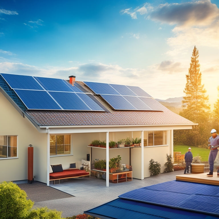 An illustration of a modern house with a rooftop partially covered in solar panels, a technician in the background holding a drill, and a ladder leaning against the roof with tools scattered around.