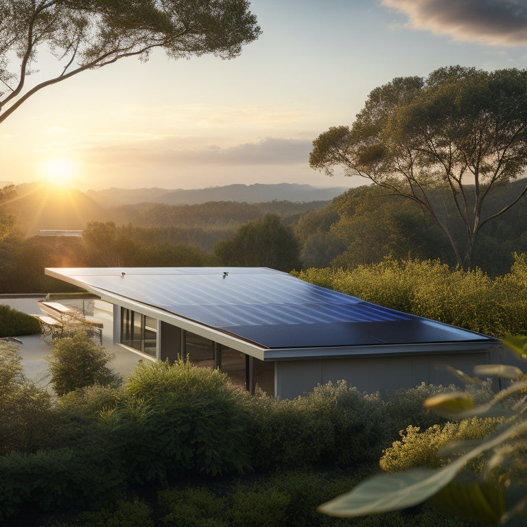 A serene landscape with a modern, sleek, silver-framed solar panel installation on a rooftop, surrounded by lush greenery, with a subtle sunbeam casting a warm glow on the panels.