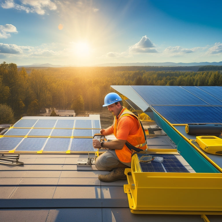 A photorealistic image of a residential rooftop with a partially installed solar panel array, featuring a worker in a yellow hard hat and orange vest, surrounded by tools and wiring.