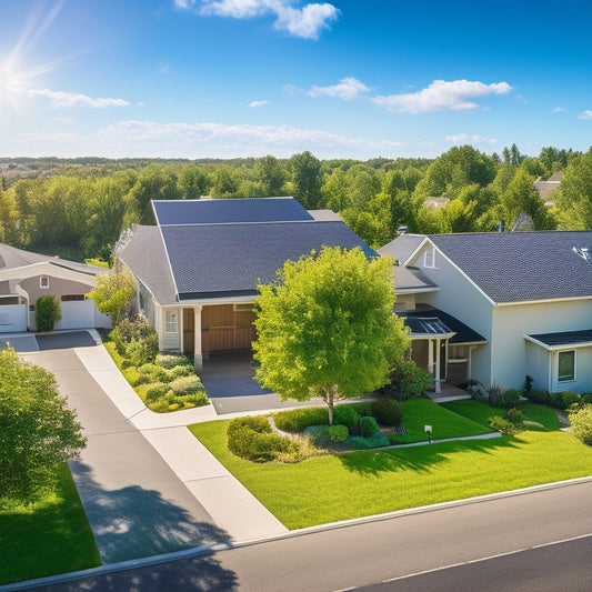 A sunny suburban neighborhood with various residential rooftops featuring sleek, black solar panels, surrounded by lush green trees and a bright blue sky with a few fluffy white clouds.