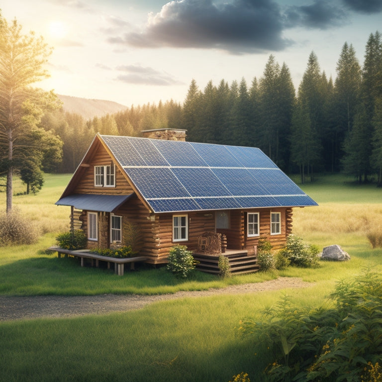 An illustration of a serene rural landscape with a small cabin, solar panels installed on the roof, and a battery bank with cables and inverters in the foreground, surrounded by lush greenery.