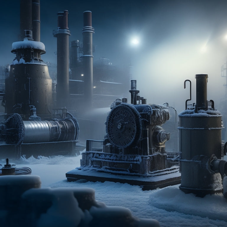 A frosty, dimly lit industrial scene with machinery, gears, and pipelines, covered in frost and ice, with slow-moving or frozen clockwork mechanisms, and a thermometer in the foreground displaying a temperature below 0°C.