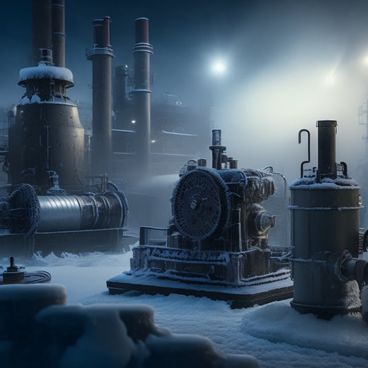 A frosty, dimly lit industrial scene with machinery, gears, and pipelines, covered in frost and ice, with slow-moving or frozen clockwork mechanisms, and a thermometer in the foreground displaying a temperature below 0°C.