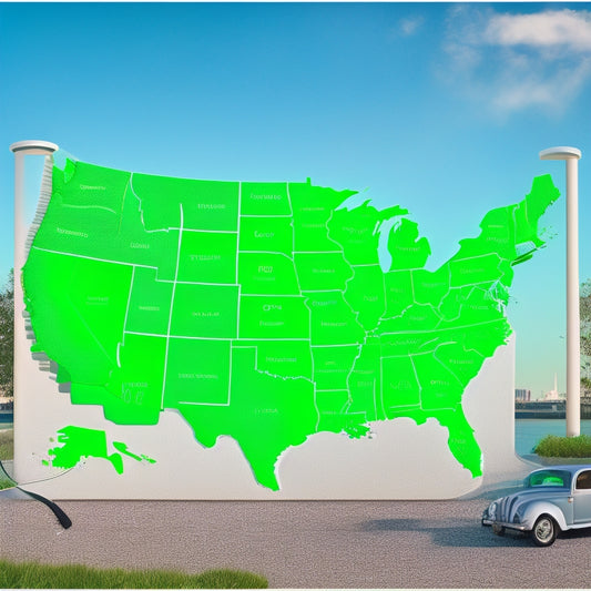 A map of the United States with numerous bright green charging station icons scattered throughout, each featuring a stylized electric vehicle battery symbol, against a clean white background.